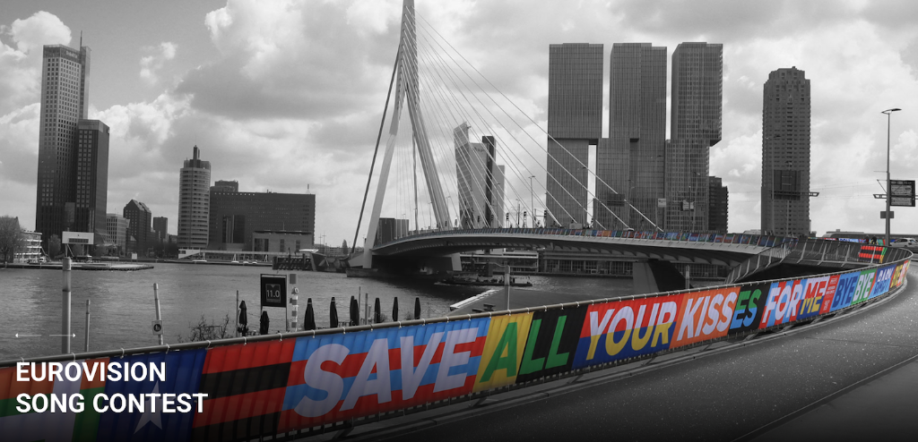 Large-scale flag installation on Rotterdam Bridge for Eurovision