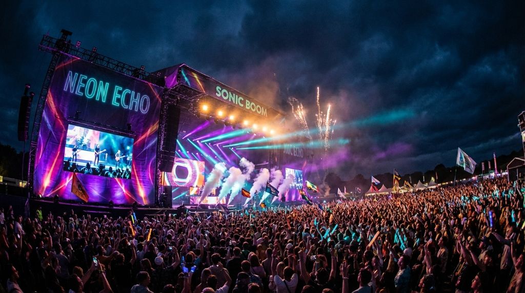 Festival stage with professional flag installations