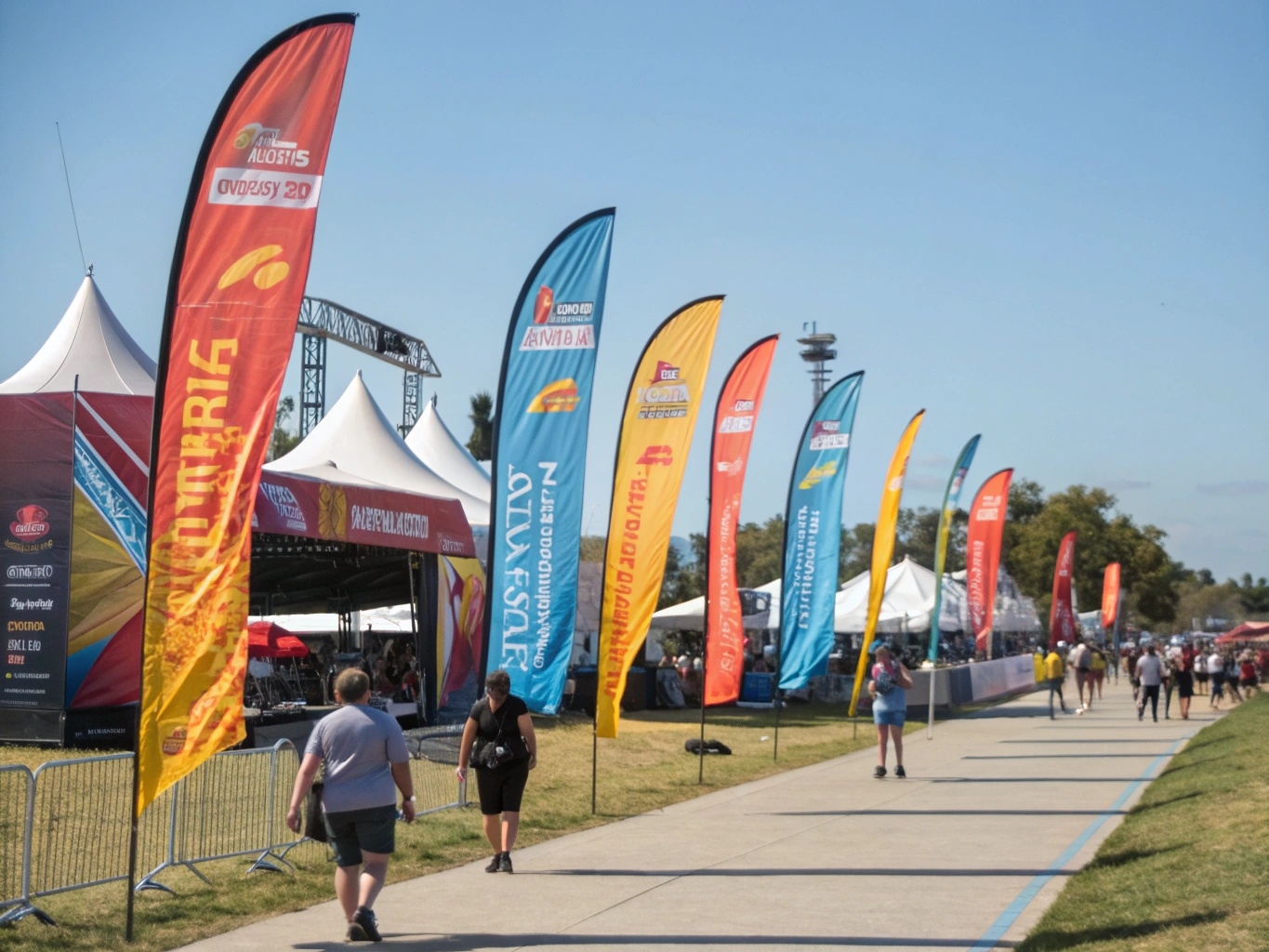 Colorful promotional flags and event branding at festival